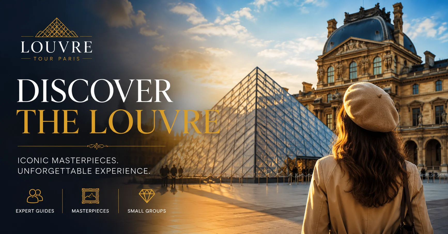 Louvre Museum glass pyramid in Paris at golden hour — skip-the-line guided Louvre tours with expert art historians and small groups